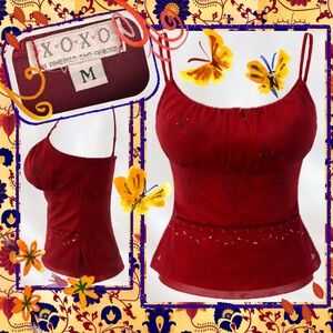 Vintage XOXO Red Mesh Camisole Top Size M Early 2000s Y2K Sheer Embroidered Cami